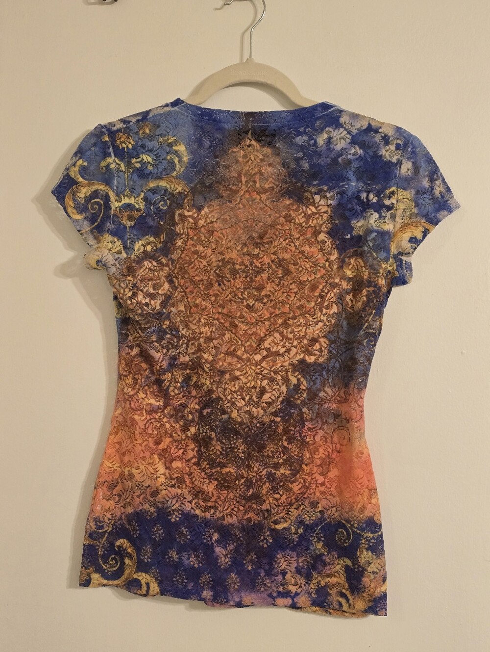 Joseph Ribkoff Blue & Orange V-Neck Printed Short Sleeve Tee Sz XS (2) - Picture 4 of 13